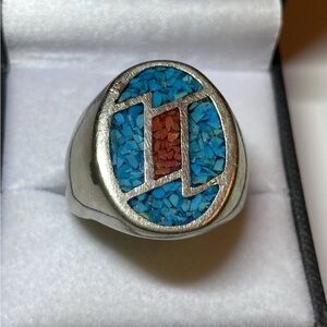 Vintage Native American Silver Turquoise Coral Inlay Man Ring